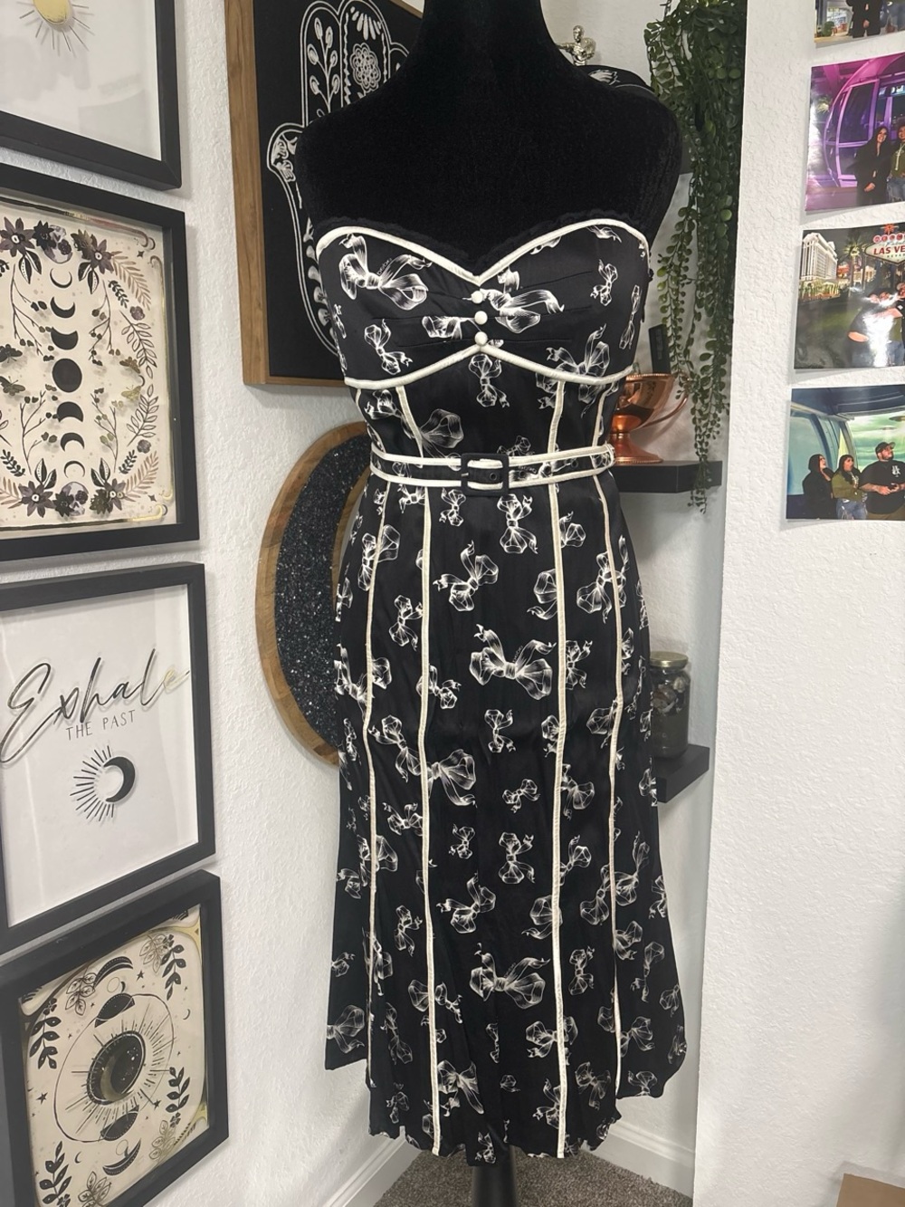 Vintage Bebe Silk Corset Midi Dress Bow Ribbon Print Piped Mermaid Y2K Size M